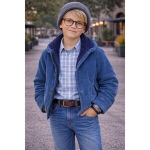 Vintage Sears Boyswear Blue Corduroy Sherpa Lined Jacket Shawl Collar Size 12